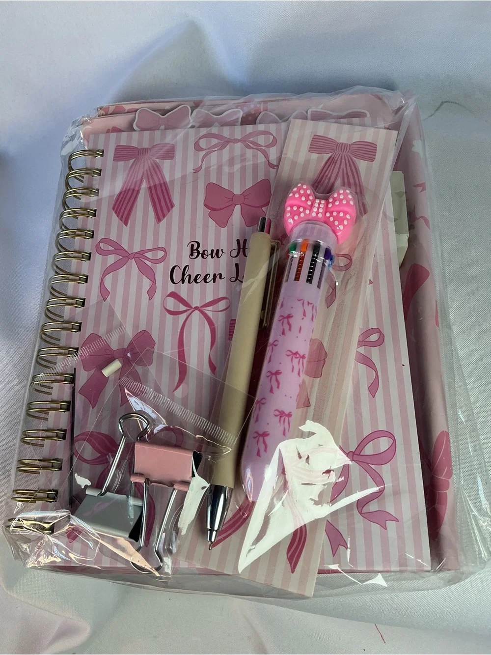 ★ Pink Bow Stationery Gift Set Notebook Pen Tabs & Clips Bundle